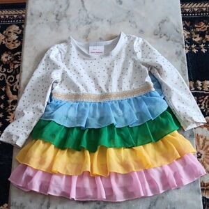 Hanna Andersson White Gold Dot Top with Blue Green Yellow Pink Ruffle Skirt